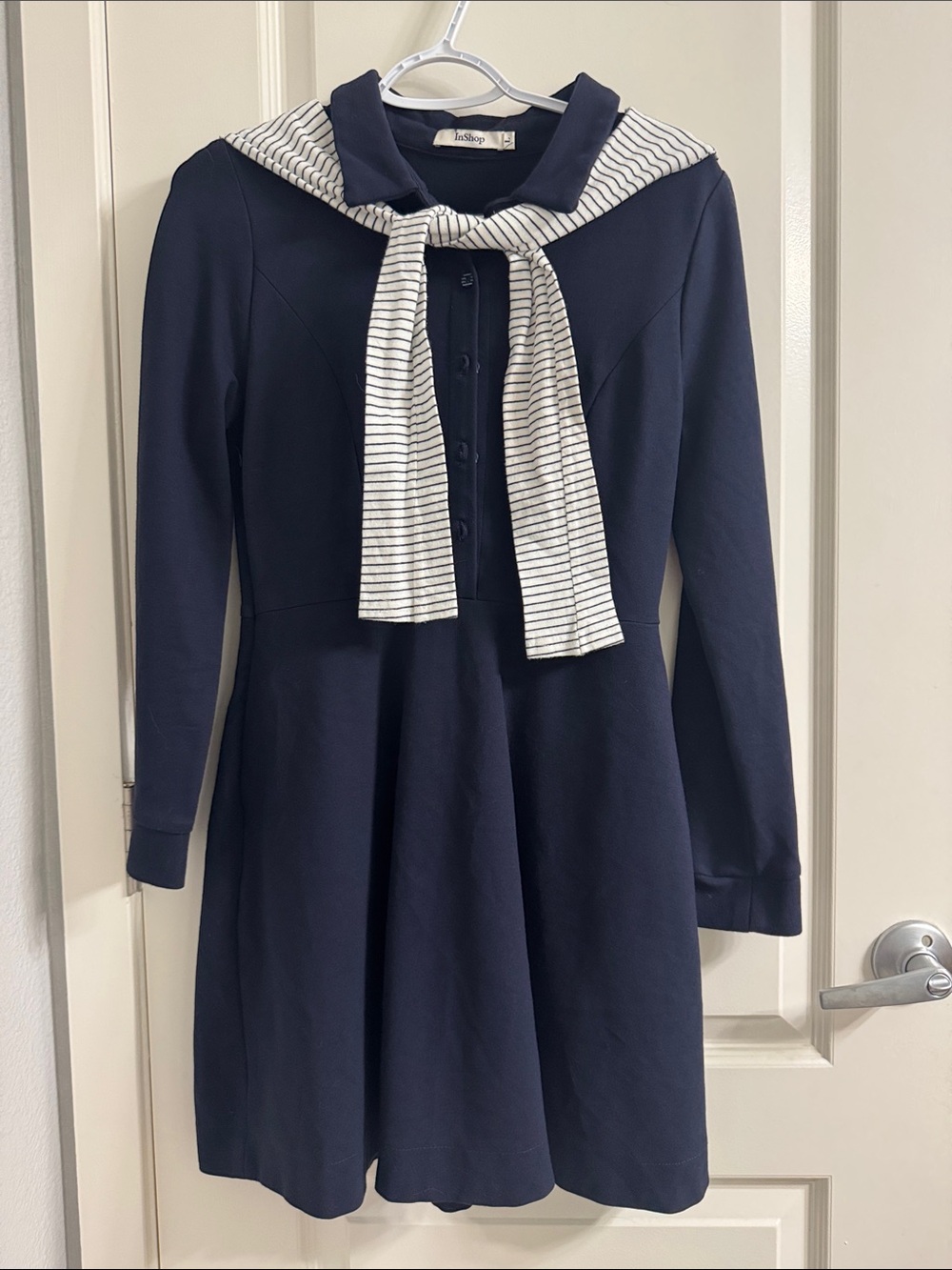 Tea Collection Navy Dress with Striped White Scarf